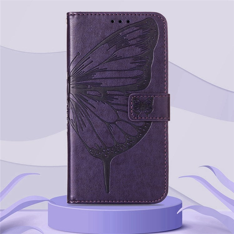 YB Imprinting Series-4 for Google Pixel 6a PU Leather Butterfly Flower Pattern Imprinted Flip Wallet Case Magnetic Closed Folding Stand Cover with Wrist Strap - Purple