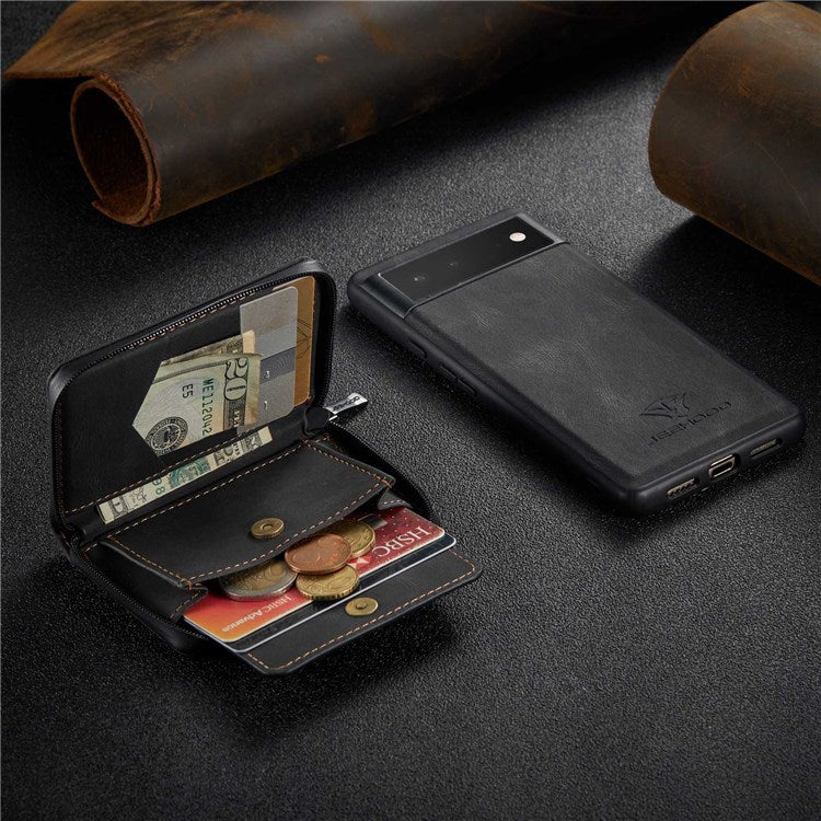 JEEHOOD For Google Pixel 7 Kickstand Zipper Wallet Phone Case Detachable Leather Coated TPU Phone Case - Black