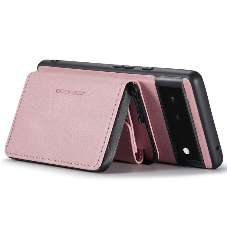JEEHOOD For Google Pixel 7 Kickstand Zipper Wallet Phone Case Detachable Leather Coated TPU Phone Case - Pink