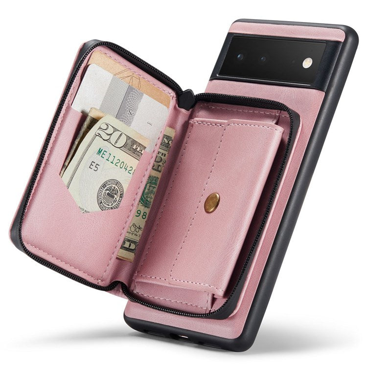JEEHOOD For Google Pixel 7 Kickstand Zipper Wallet Phone Case Detachable Leather Coated TPU Phone Case - Pink