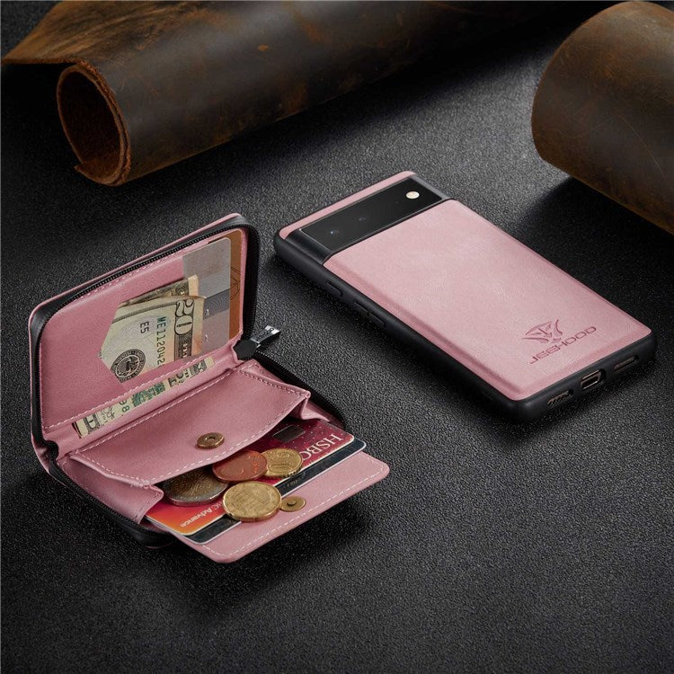 JEEHOOD For Google Pixel 7 Kickstand Zipper Wallet Phone Case Detachable Leather Coated TPU Phone Case - Pink