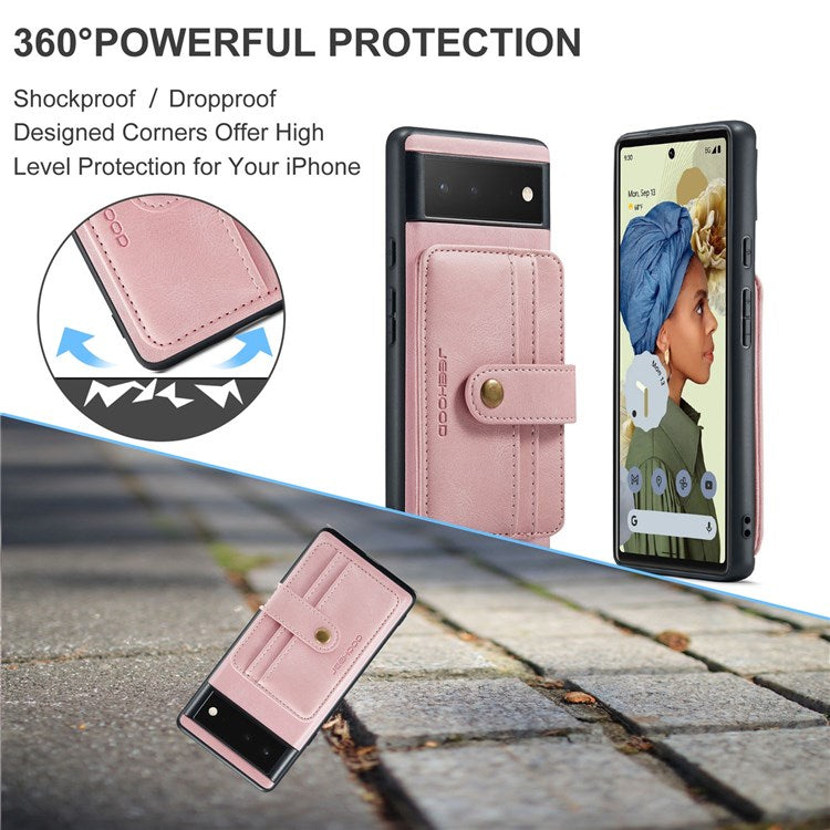 JEEHOOD Shockproof Phone Cover for Google Pixel 6 RFID Blocking Wallet Phone Case Anti-Scratch Phone Shell Support Wireless Charging - Pink