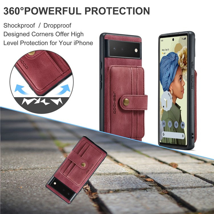 JEEHOOD Shockproof Phone Cover for Google Pixel 6 RFID Blocking Wallet Phone Case Anti-Scratch Phone Shell Support Wireless Charging - Red