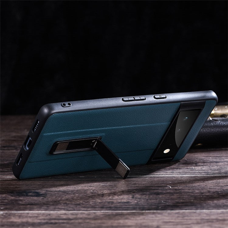 For Google Pixel 7 Pro 5G PU Leather Coated Hard PC Anti-Scratch Protective Shell Kickstand Hands-free Phone Cover - Blackish Green