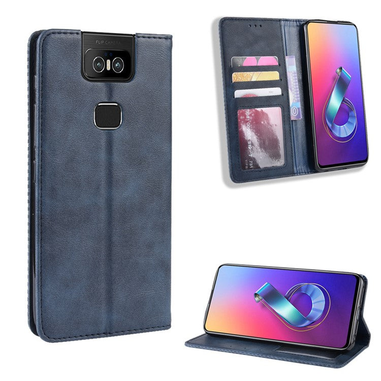 Vintage Style PU Leather Wallet Phone Cover for Asus Zenfone 6 ZS630KL/Zenfone 6z/Zenfone 6 2019 - Blue