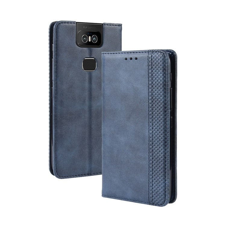 Vintage Style PU Leather Wallet Phone Cover for Asus Zenfone 6 ZS630KL/Zenfone 6z/Zenfone 6 2019 - Blue