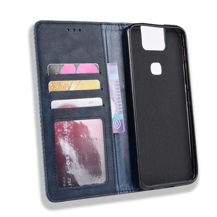 Vintage Style PU Leather Wallet Phone Cover for Asus Zenfone 6 ZS630KL/Zenfone 6z/Zenfone 6 2019 - Blue