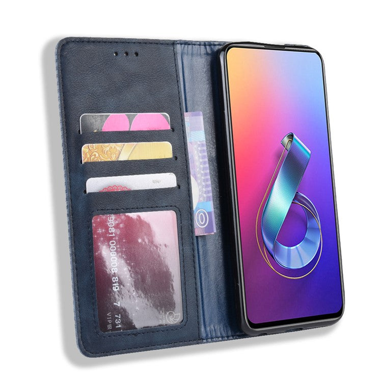 Vintage Style PU Leather Wallet Phone Cover for Asus Zenfone 6 ZS630KL/Zenfone 6z/Zenfone 6 2019 - Blue