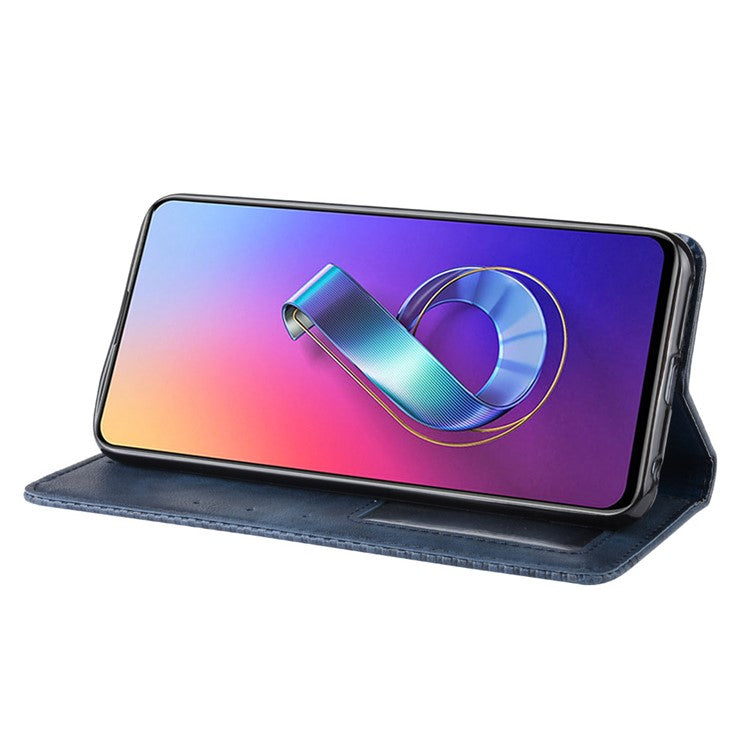 Vintage Style PU Leather Wallet Phone Cover for Asus Zenfone 6 ZS630KL/Zenfone 6z/Zenfone 6 2019 - Blue