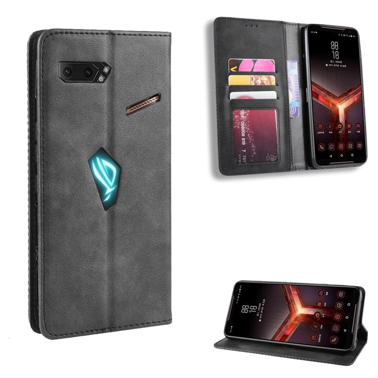 Retro Auto-absorbed PU Leather Wallet Cover Case for Asus ROG Phone II ZS660KL - Black