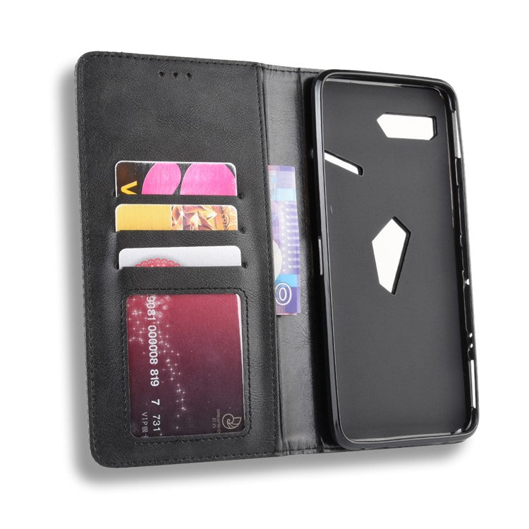 Retro Auto-absorbed PU Leather Wallet Cover Case for Asus ROG Phone II ZS660KL - Black