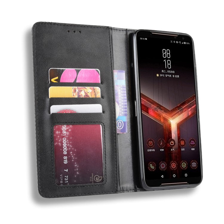 Retro Auto-absorbed PU Leather Wallet Cover Case for Asus ROG Phone II ZS660KL - Black