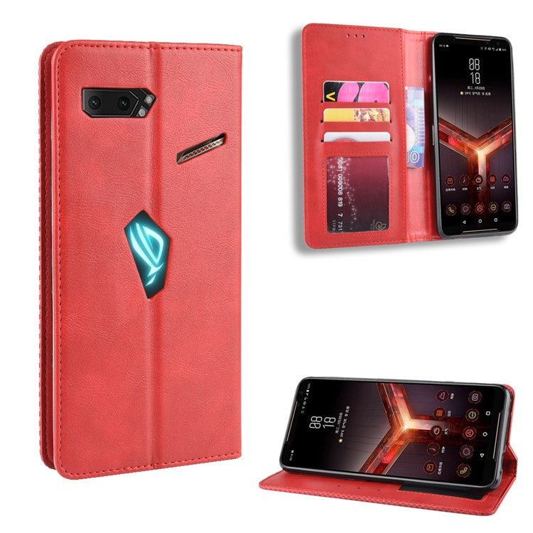 Retro Auto-absorbed PU Leather Wallet Cover Case for Asus ROG Phone II ZS660KL - Red