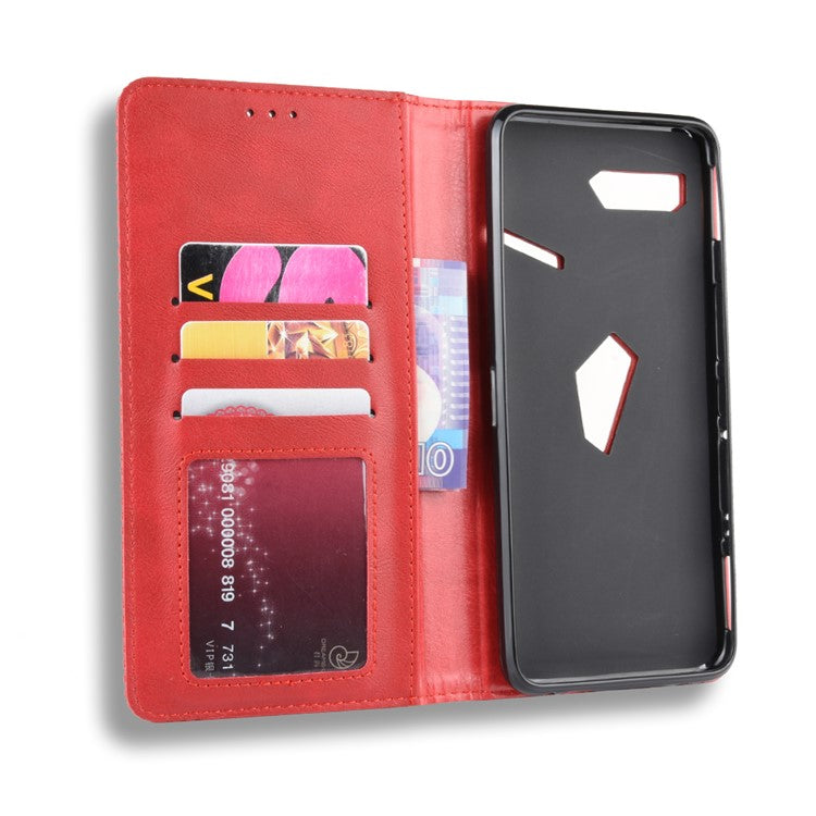 Retro Auto-absorbed PU Leather Wallet Cover Case for Asus ROG Phone II ZS660KL - Red