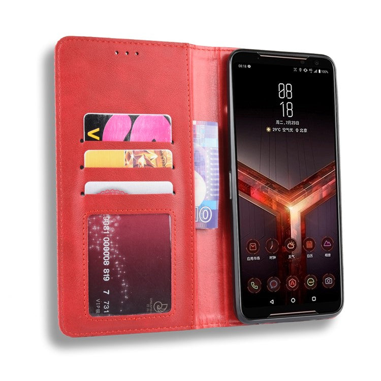 Retro Auto-absorbed PU Leather Wallet Cover Case for Asus ROG Phone II ZS660KL - Red