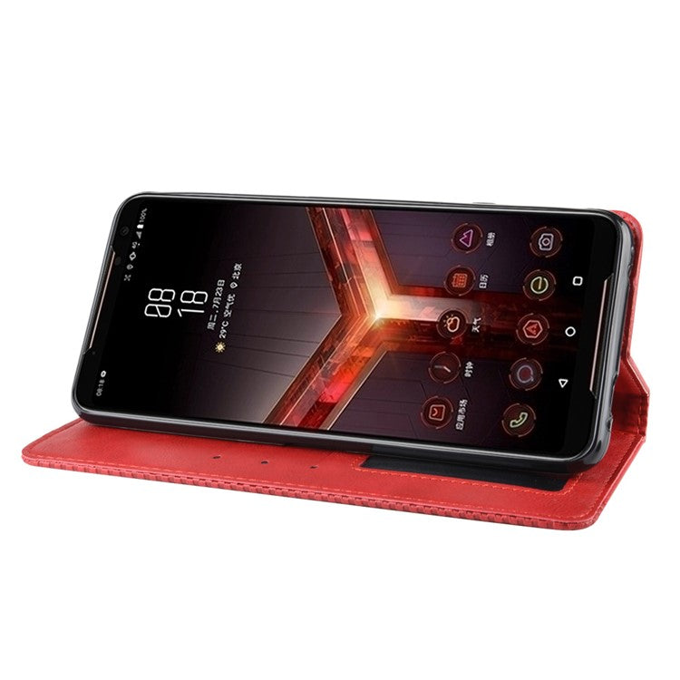 Retro Auto-absorbed PU Leather Wallet Cover Case for Asus ROG Phone II ZS660KL - Red