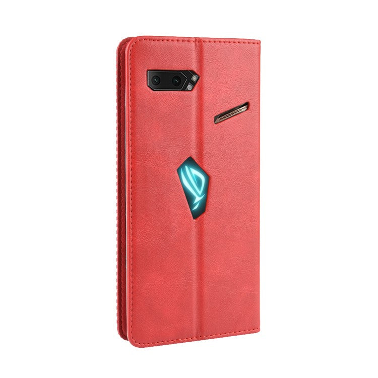 Retro Auto-absorbed PU Leather Wallet Cover Case for Asus ROG Phone II ZS660KL - Red
