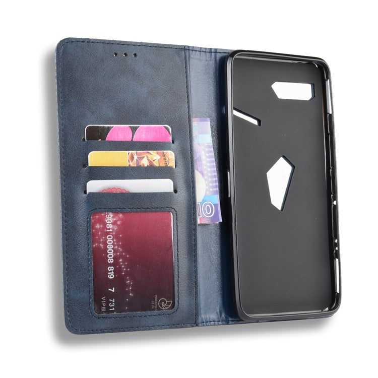 Retro Auto-absorbed PU Leather Wallet Cover Case for Asus ROG Phone II ZS660KL - Blue