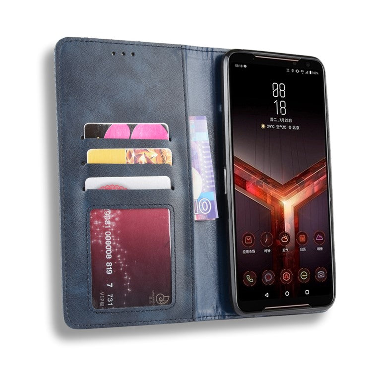 Retro Auto-absorbed PU Leather Wallet Cover Case for Asus ROG Phone II ZS660KL - Blue