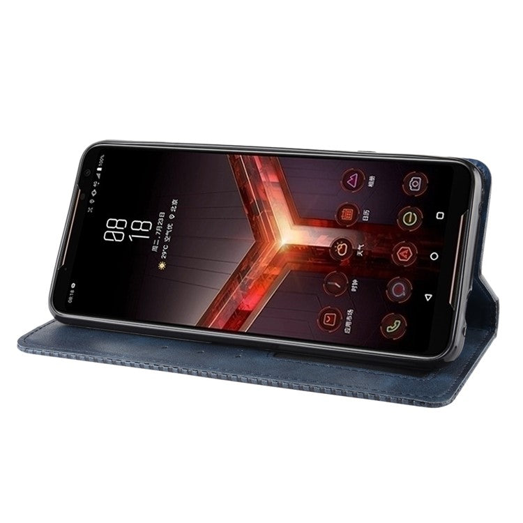 Retro Auto-absorbed PU Leather Wallet Cover Case for Asus ROG Phone II ZS660KL - Blue