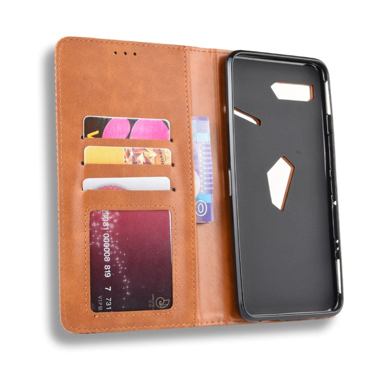 Retro Auto-absorbed PU Leather Wallet Cover Case for Asus ROG Phone II ZS660KL - Brown