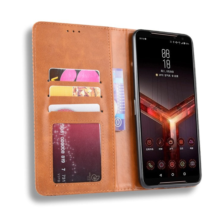 Retro Auto-absorbed PU Leather Wallet Cover Case for Asus ROG Phone II ZS660KL - Brown