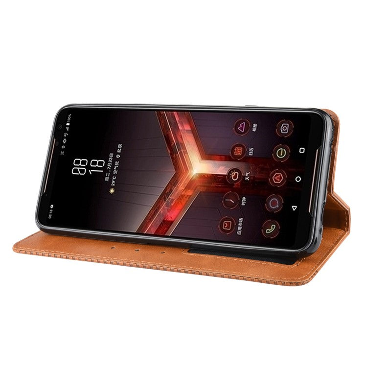 Retro Auto-absorbed PU Leather Wallet Cover Case for Asus ROG Phone II ZS660KL - Brown