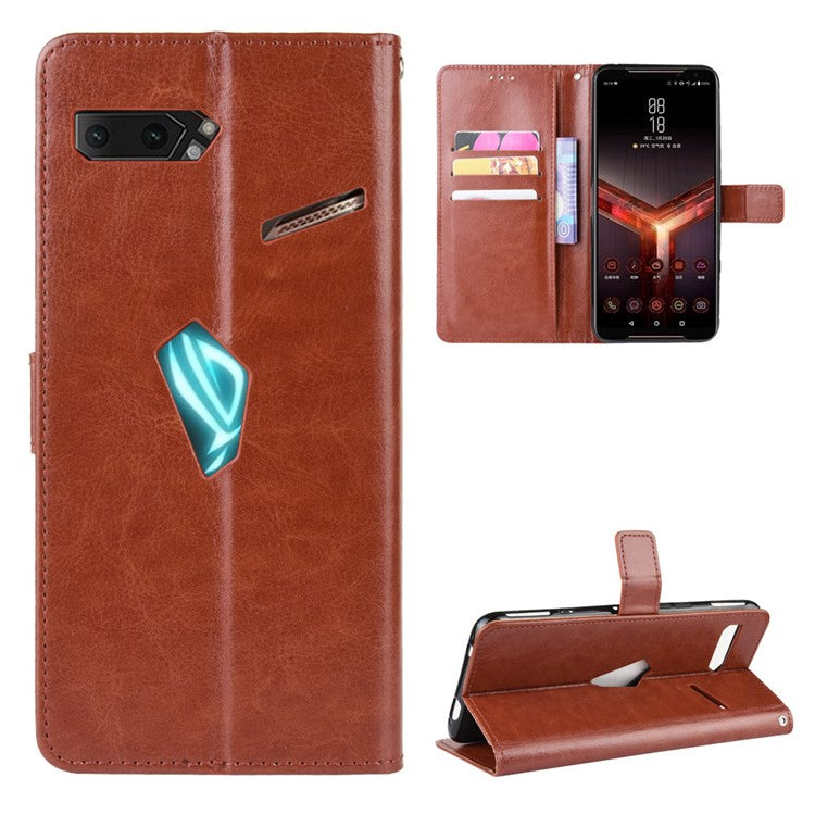 Crazy Horse Texture Leather Phone Shell Wallet Stand Case for Asus ROG Phone II ZS660KL - Brown
