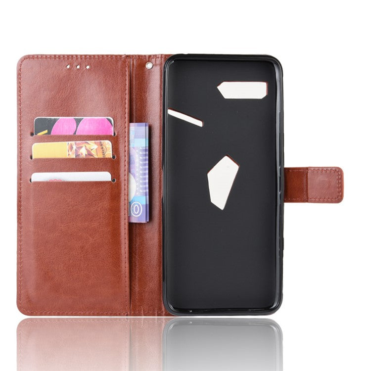 Crazy Horse Texture Leather Phone Shell Wallet Stand Case for Asus ROG Phone II ZS660KL - Brown
