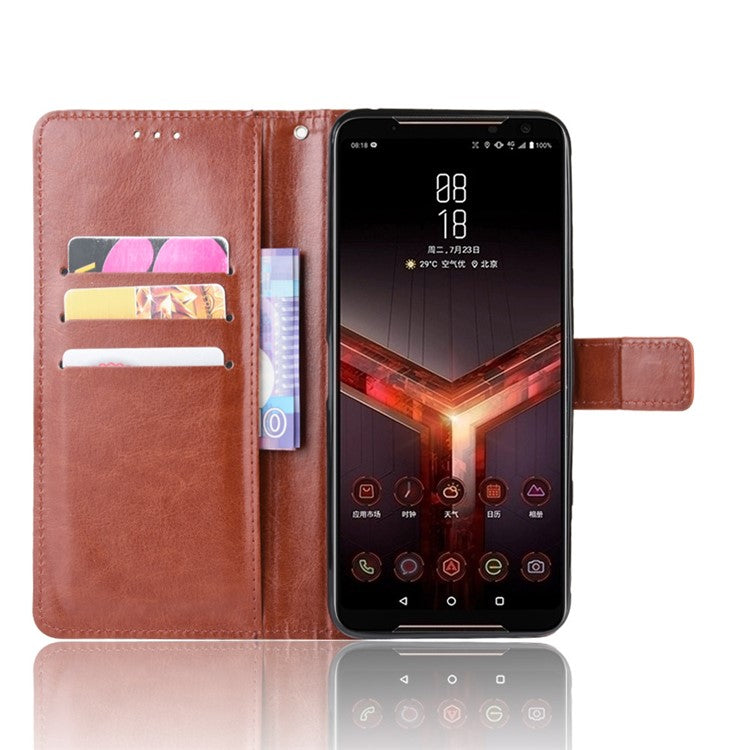 Crazy Horse Texture Leather Phone Shell Wallet Stand Case for Asus ROG Phone II ZS660KL - Brown