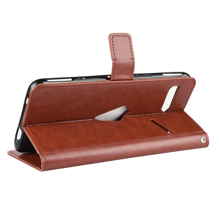 Crazy Horse Texture Leather Phone Shell Wallet Stand Case for Asus ROG Phone II ZS660KL - Brown