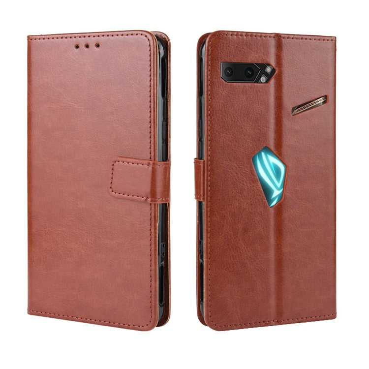 Crazy Horse Texture Leather Phone Shell Wallet Stand Case for Asus ROG Phone II ZS660KL - Brown