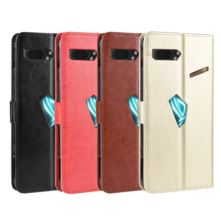 Crazy Horse Texture Leather Phone Shell Wallet Stand Case for Asus ROG Phone II ZS660KL - Brown