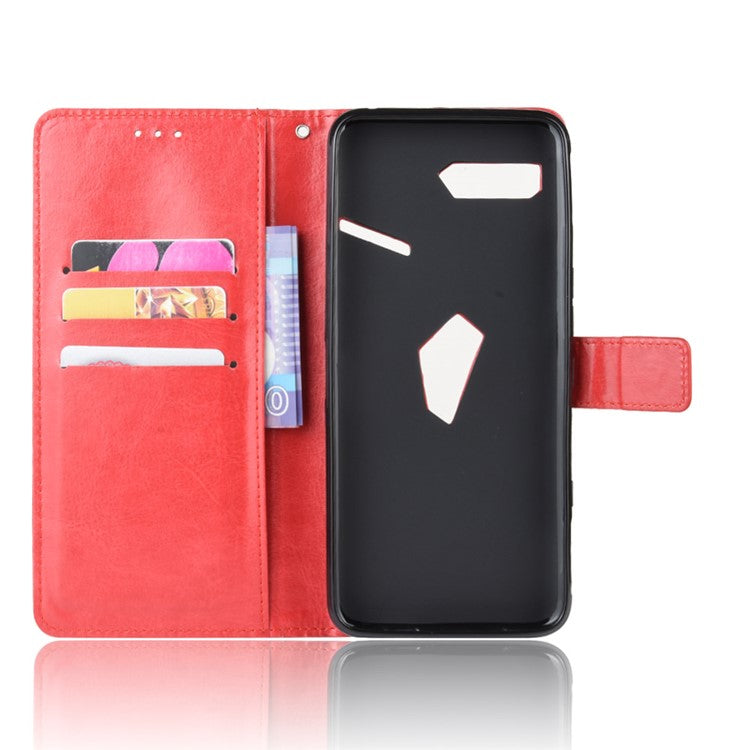 Crazy Horse Texture Leather Phone Shell Wallet Stand Case for Asus ROG Phone II ZS660KL - Red