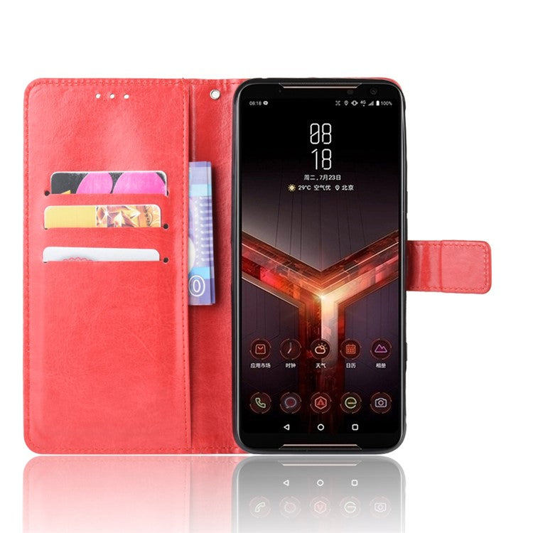 Crazy Horse Texture Leather Phone Shell Wallet Stand Case for Asus ROG Phone II ZS660KL - Red