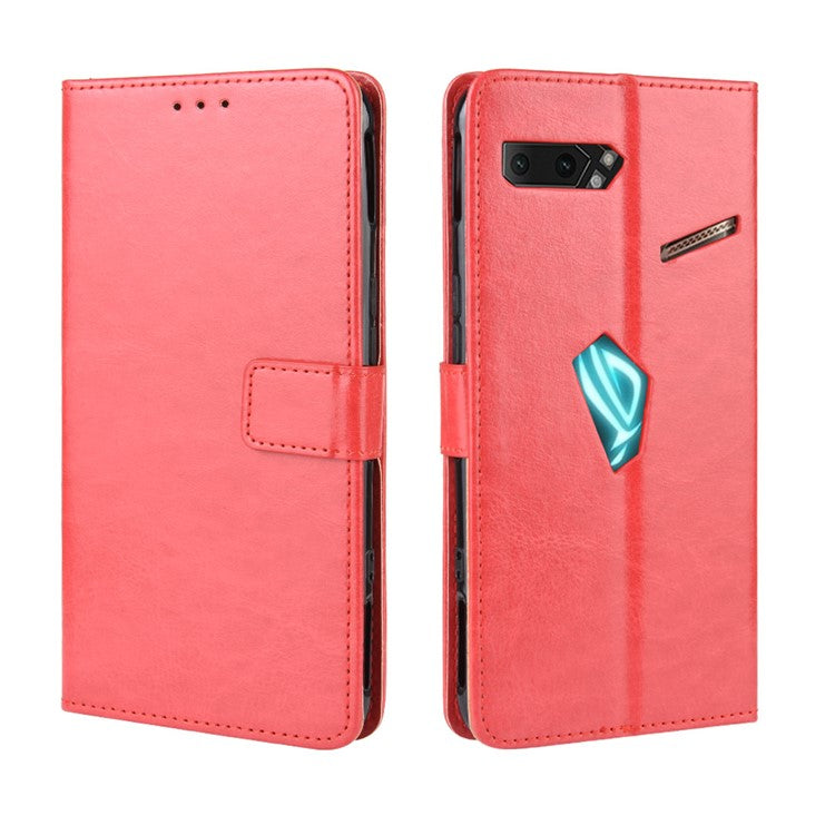 Crazy Horse Texture Leather Phone Shell Wallet Stand Case for Asus ROG Phone II ZS660KL - Red