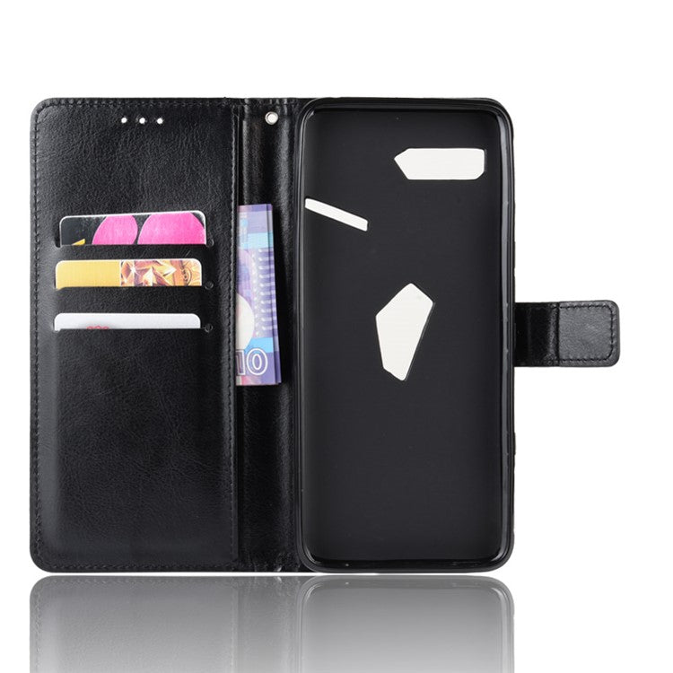 Crazy Horse Texture Leather Phone Shell Wallet Stand Case for Asus ROG Phone II ZS660KL - Black