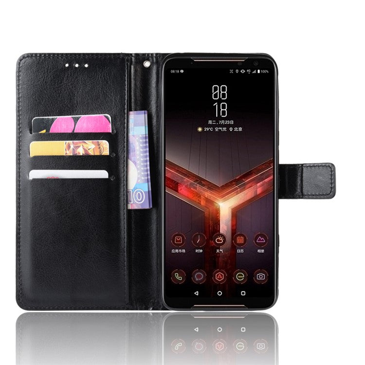 Crazy Horse Texture Leather Phone Shell Wallet Stand Case for Asus ROG Phone II ZS660KL - Black