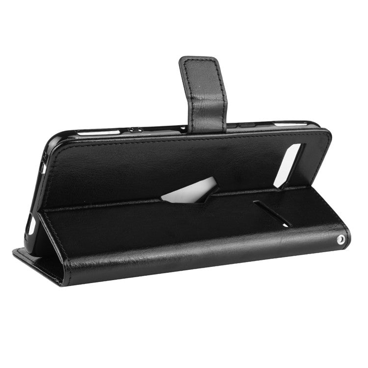 Crazy Horse Texture Leather Phone Shell Wallet Stand Case for Asus ROG Phone II ZS660KL - Black