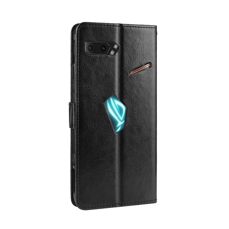 Crazy Horse Texture Leather Phone Shell Wallet Stand Case for Asus ROG Phone II ZS660KL - Black