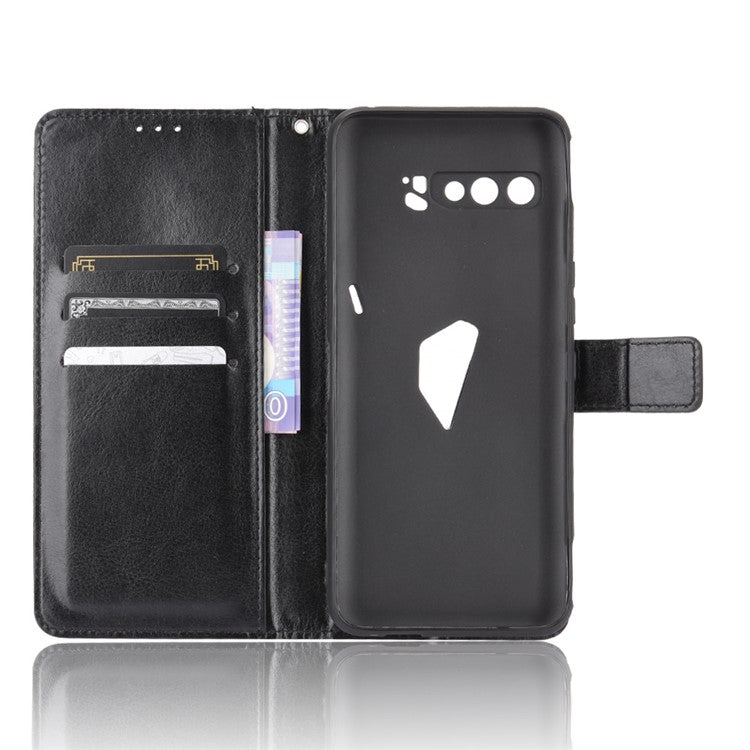 Crazy Horse Texture Wallet Stand Leather Phone Case with Logo Hole for Asus ROG Phone 3/ZS661KS/ROG Phone 3 Strix - Black