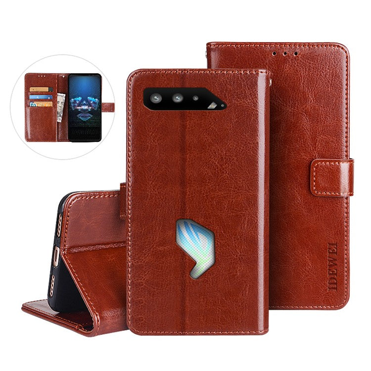 IDEWEI Folio Flip Crazy Horse Texture Leather Mobile Casing with Wallet Stand for Asus ROG Phone 5 - Brown