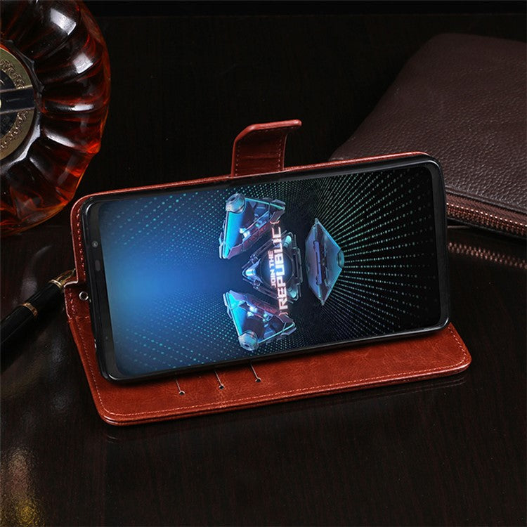 IDEWEI Folio Flip Crazy Horse Texture Leather Mobile Casing with Wallet Stand for Asus ROG Phone 5 - Brown