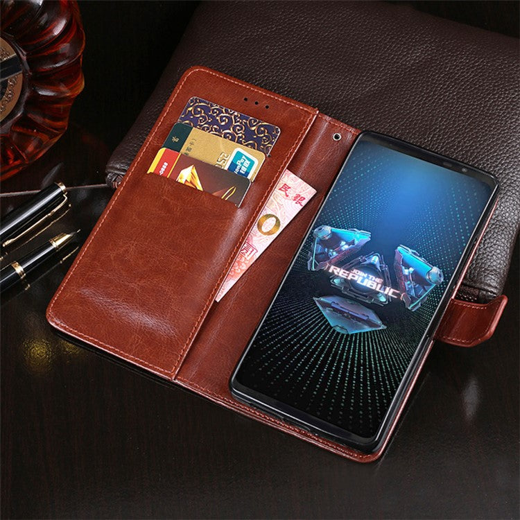 IDEWEI Folio Flip Crazy Horse Texture Leather Mobile Casing with Wallet Stand for Asus ROG Phone 5 - Brown