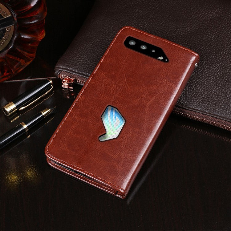 IDEWEI Folio Flip Crazy Horse Texture Leather Mobile Casing with Wallet Stand for Asus ROG Phone 5 - Brown