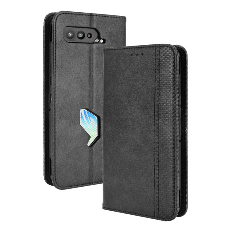 Magnetic Closure Vintage Style Phone Case Wallet Stand Leather Cover for Asus ROG Phone 5 - Black