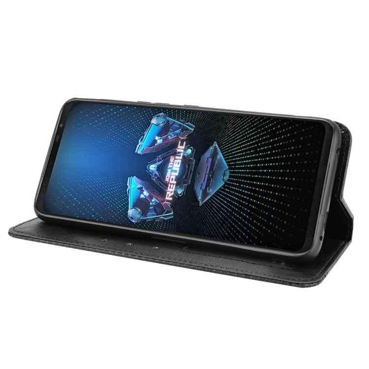 Magnetic Closure Vintage Style Phone Case Wallet Stand Leather Cover for Asus ROG Phone 5 - Black