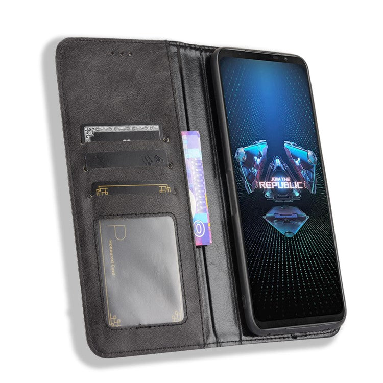 Magnetic Closure Vintage Style Phone Case Wallet Stand Leather Cover for Asus ROG Phone 5 - Black