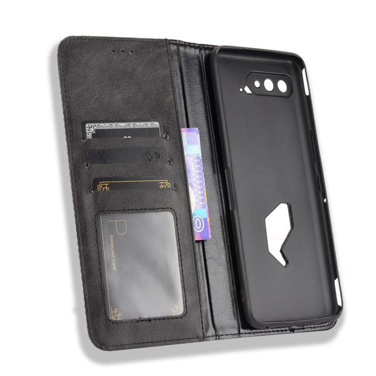 Magnetic Closure Vintage Style Phone Case Wallet Stand Leather Cover for Asus ROG Phone 5 - Black