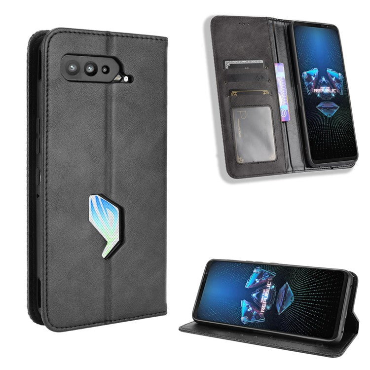 Magnetic Closure Vintage Style Phone Case Wallet Stand Leather Cover for Asus ROG Phone 5 - Black